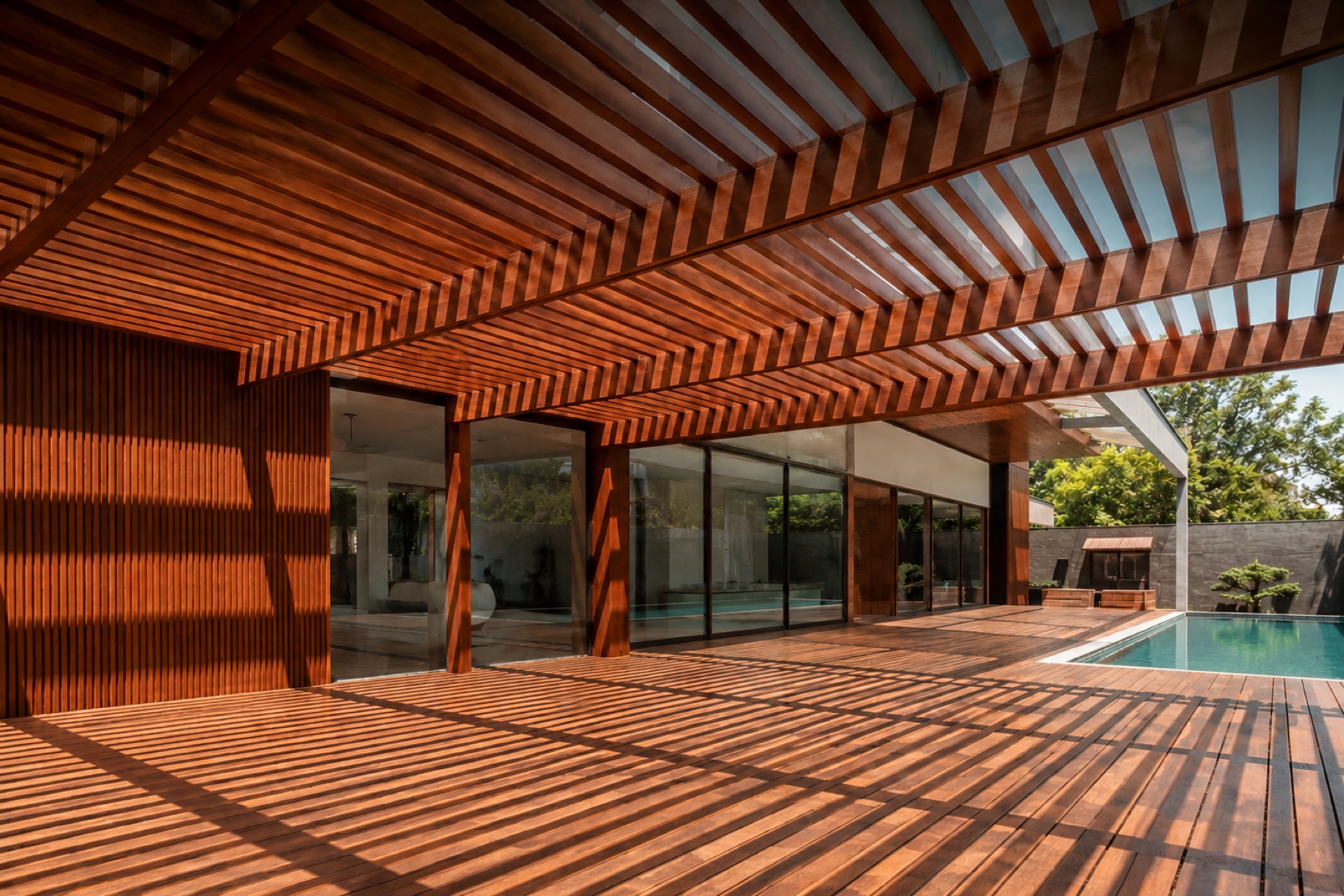 Sombrilla de madera en exterior